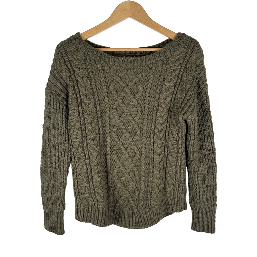 Banana Republic Wool Cable Knit Chunky Sweater Womens M Olive Green Outdoor